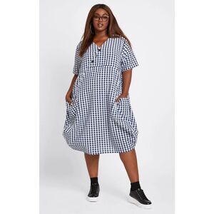 NWT DUBGEE Whoopi Cocoon Dress 1X Navy Blue White Gingham Pockets Boho Swing New